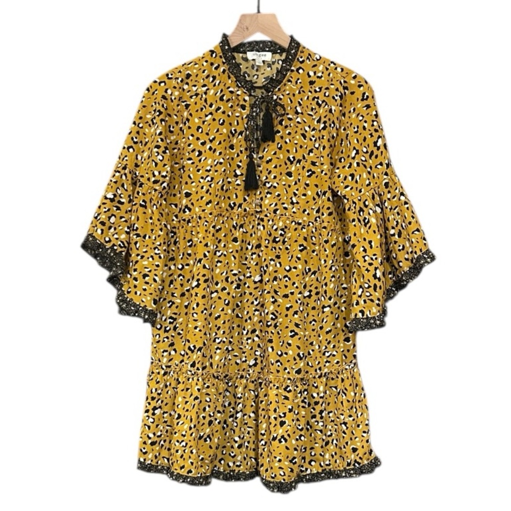 Umgee Leopard Print Bell Sleeve Mini Dress Ruffle Detail Tassel Tie Size Small